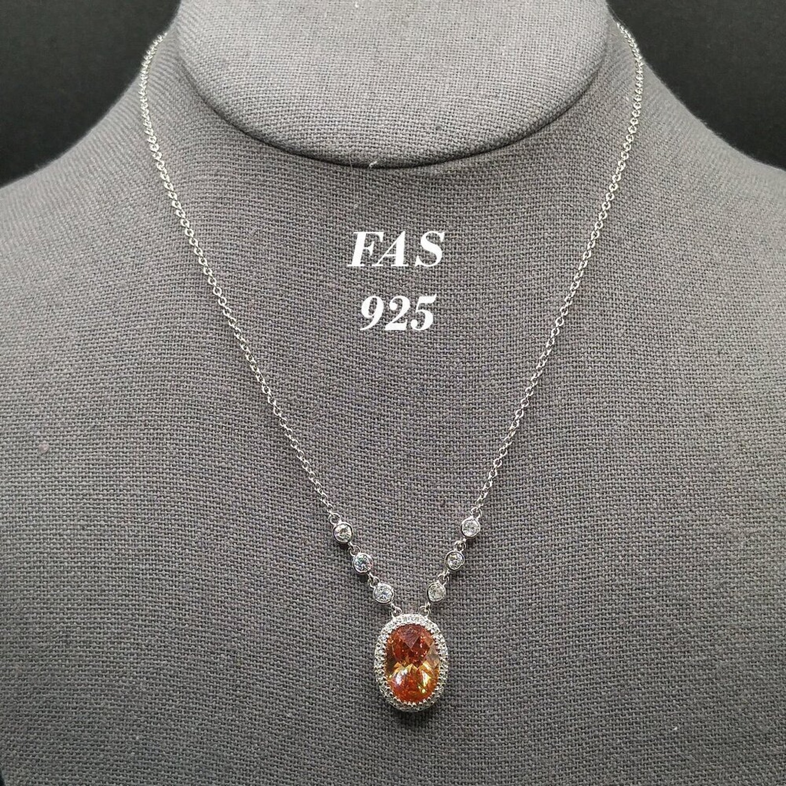 Peachy Orange Cz Crystal Silver Necklace, Stamped Fas 925, Sterling, 16 Inches